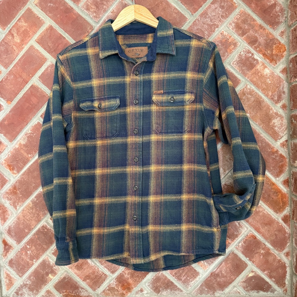 Orvis Flannel Shirt Men Medium Blue Green Plaid Long Sleeve Chest Pockets Cotton